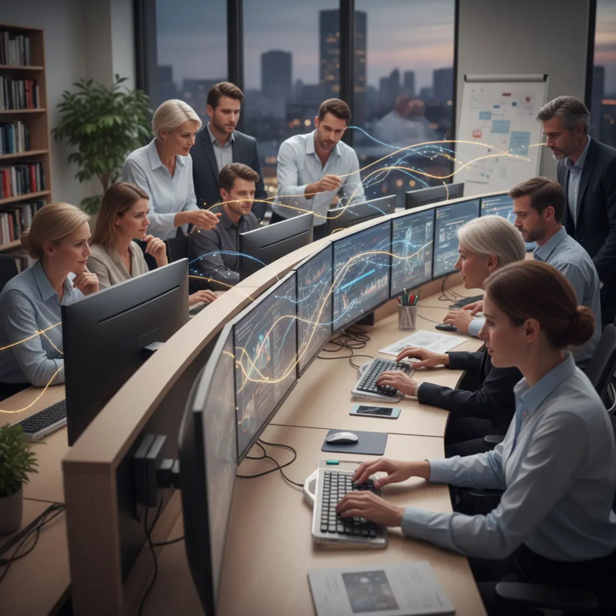 People working at a minimalist workstation with light effects.