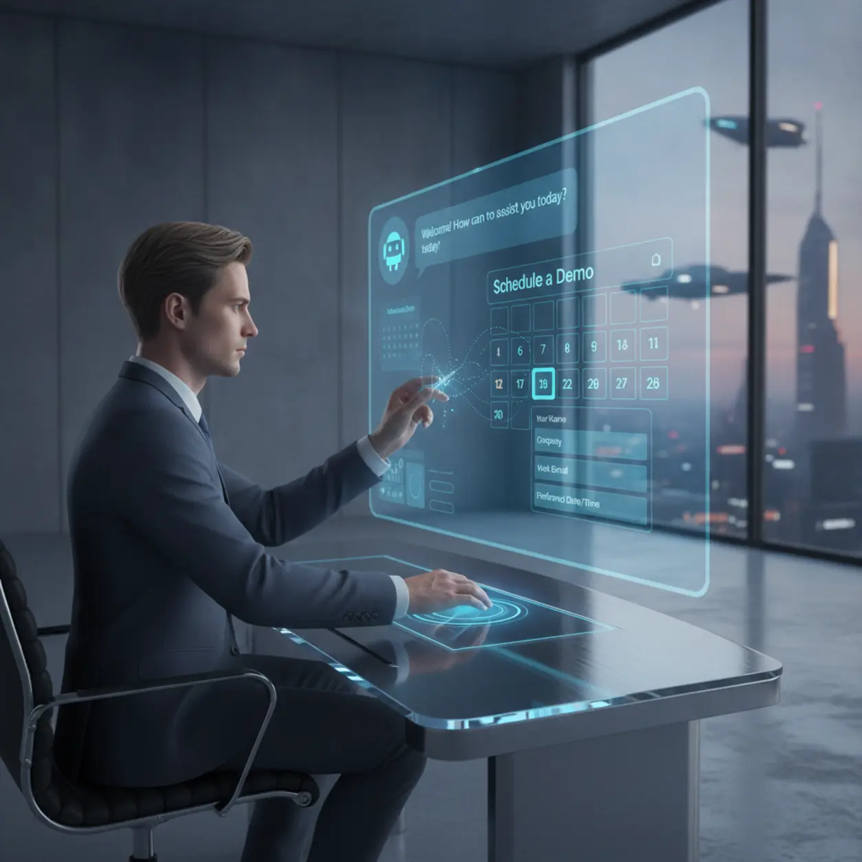 Businessman using a chatbot interface.