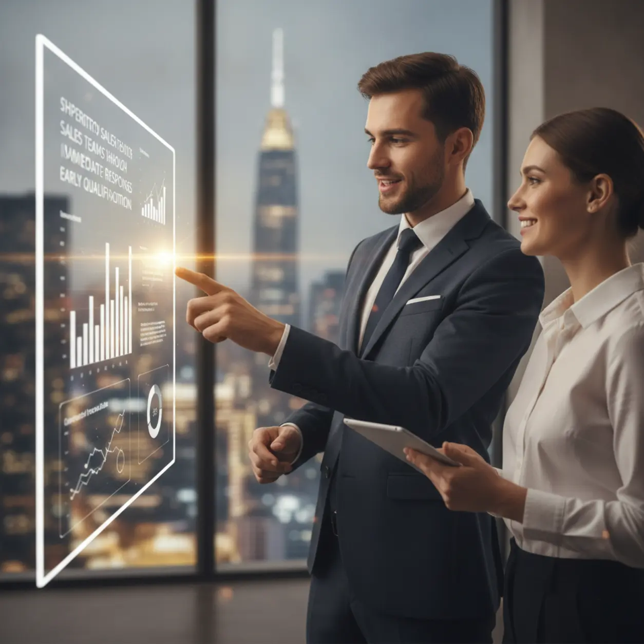 Sales team successfully discusses data on screen.