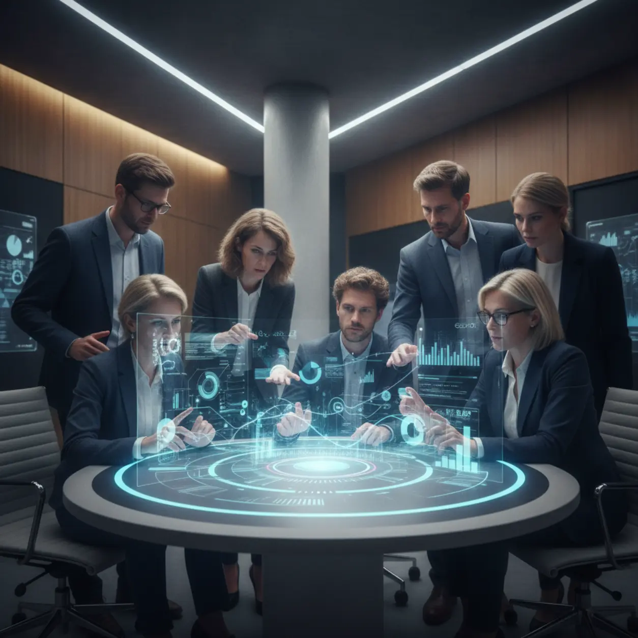 People interacting with a futuristic holographic interface.
