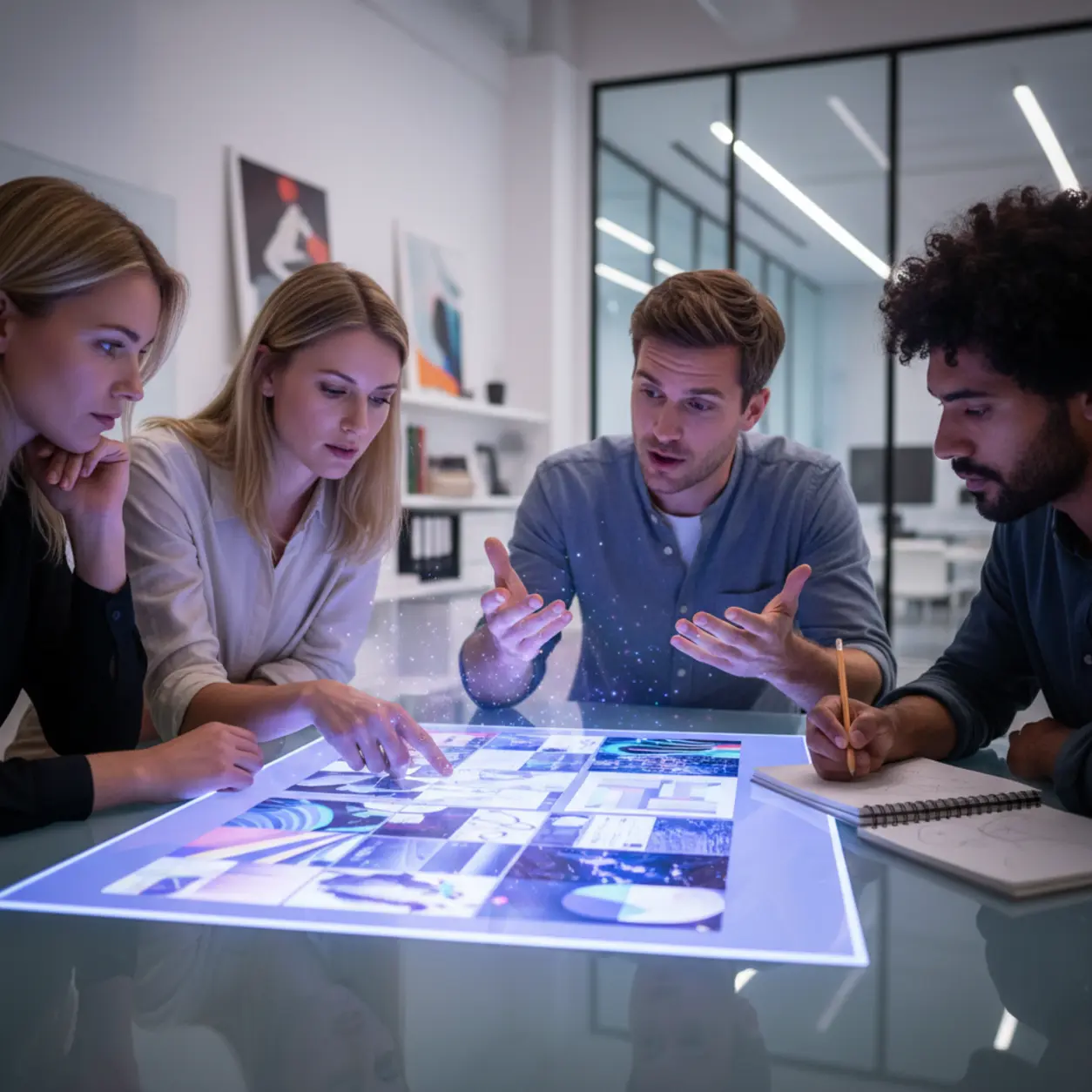 A creative team collaborates on new ideas with the help of AI-powered tools.