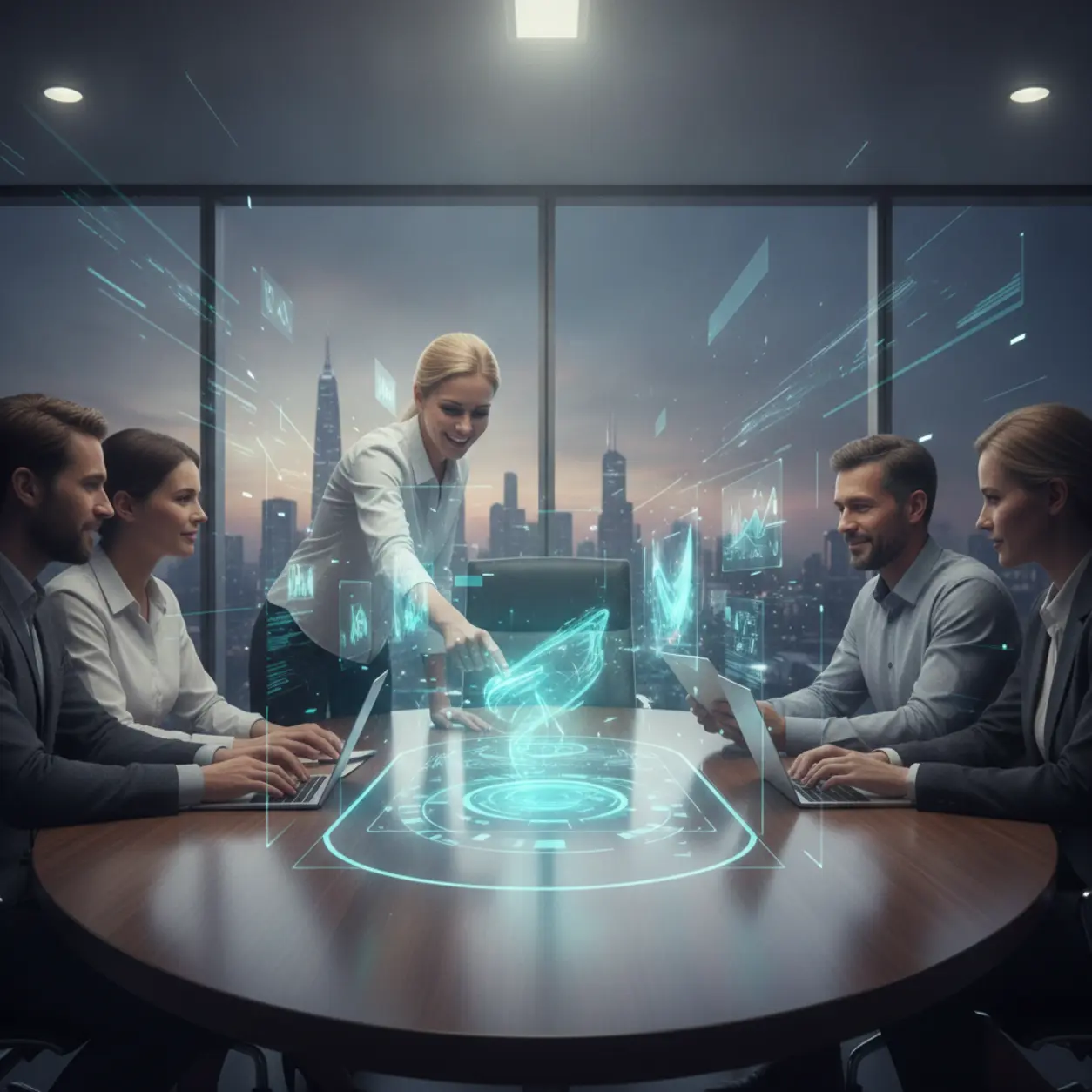 Zespół profesjonalistów przy stole konferencyjnym z holograficznym wyświetlaczem.