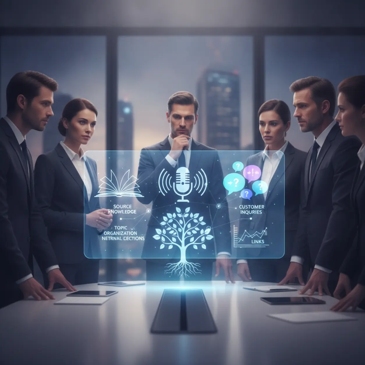 Businessmen analyzing a holoprojection of content.