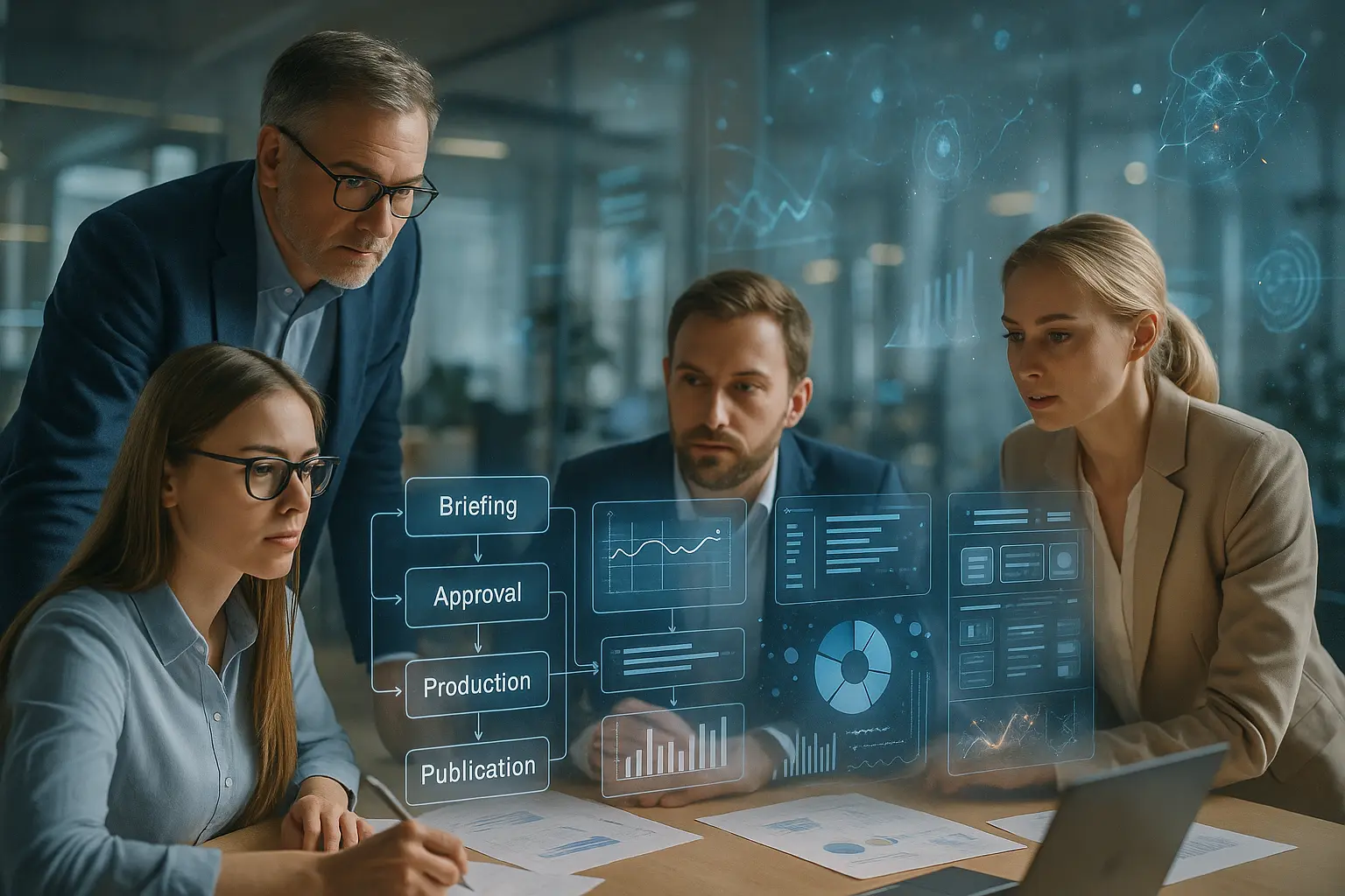 A team auditing content operations with data visualizations.