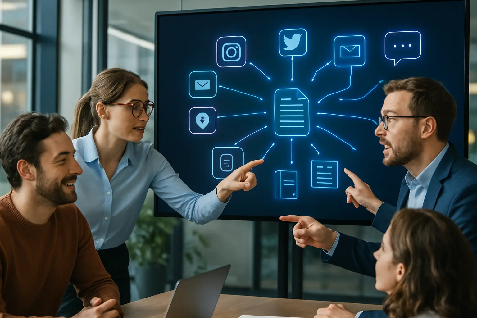 A marketing team strategizing in front of a large data screen.