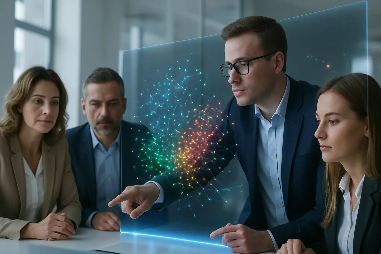A team analyzes holographic data in an office.