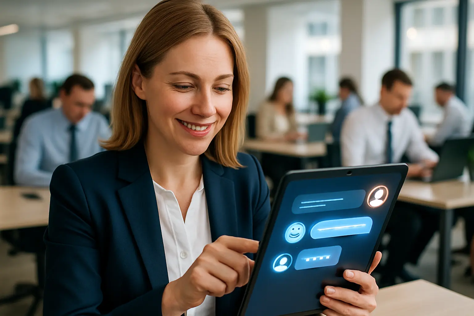 Businesswoman with a chatbot in a modern office.