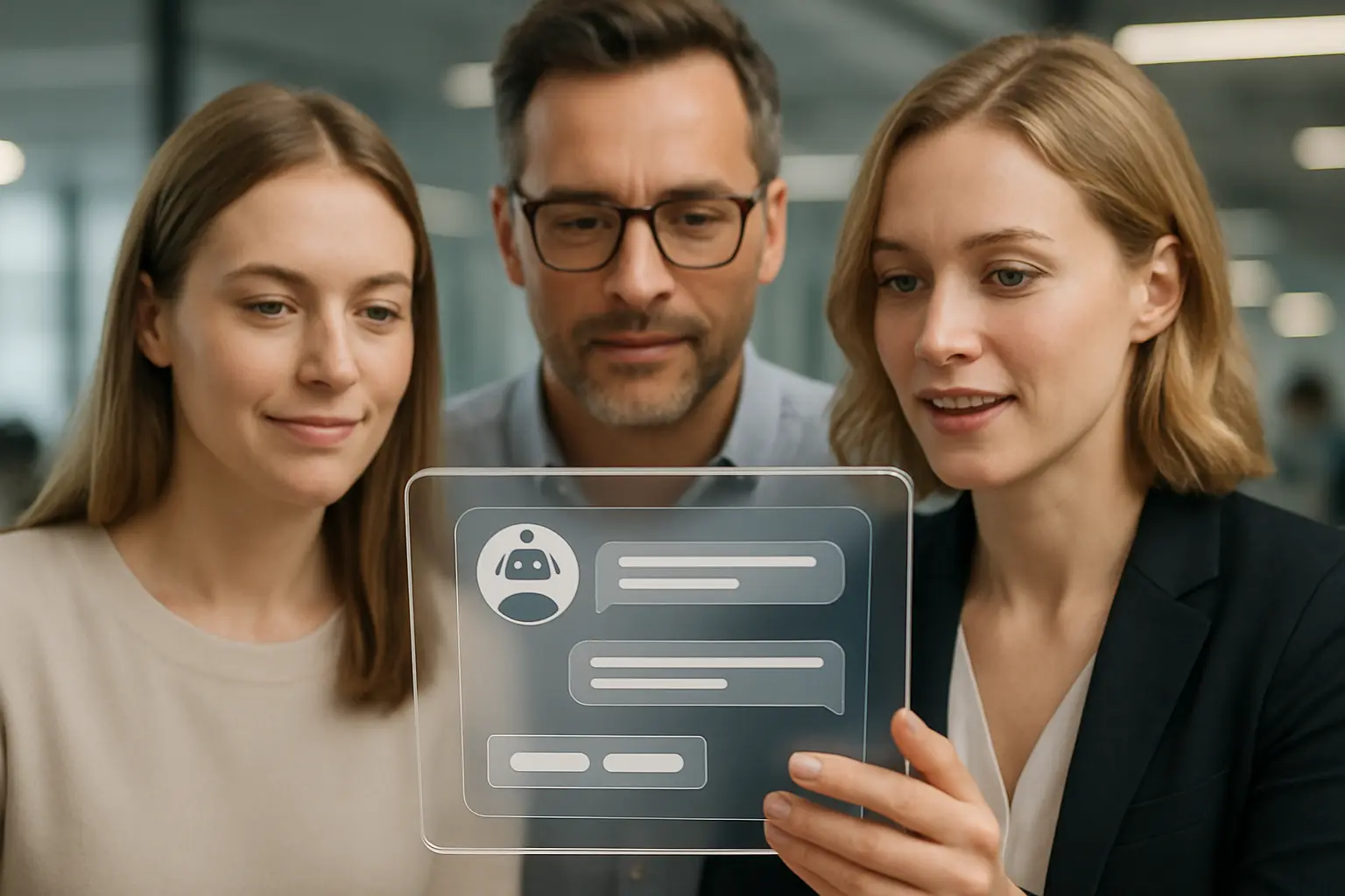 People using a chatbot on a tablet.