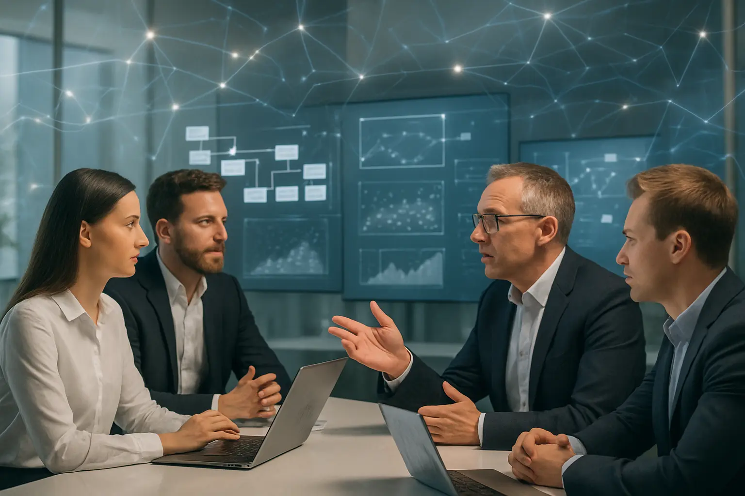 Modern office, people at a table, AI in the background.