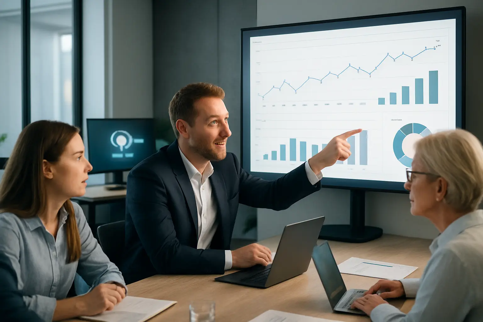 A sales team analyzes data on a screen with an AI interface in the background.