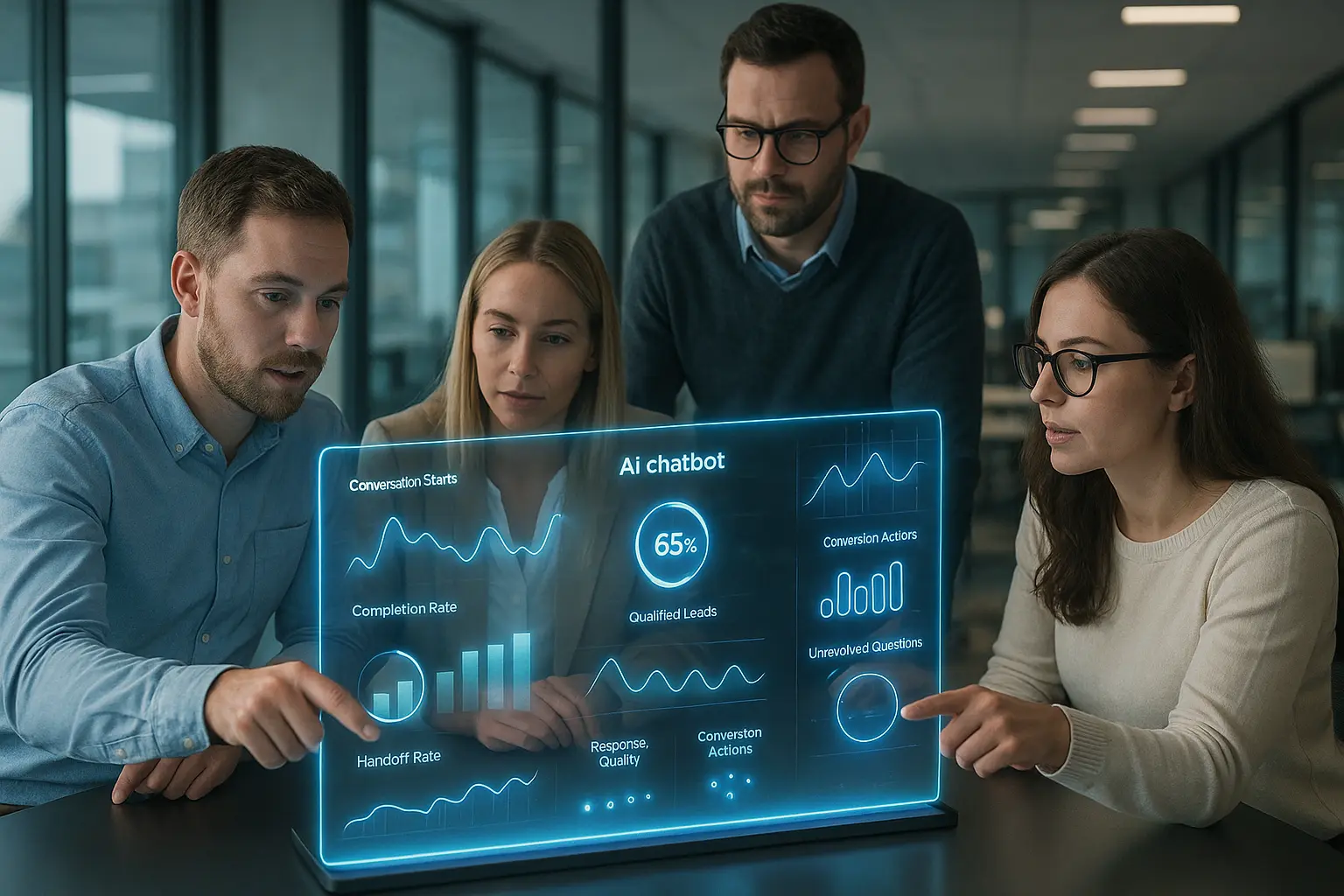 A marketing team analyzing AI data on a holographic display.