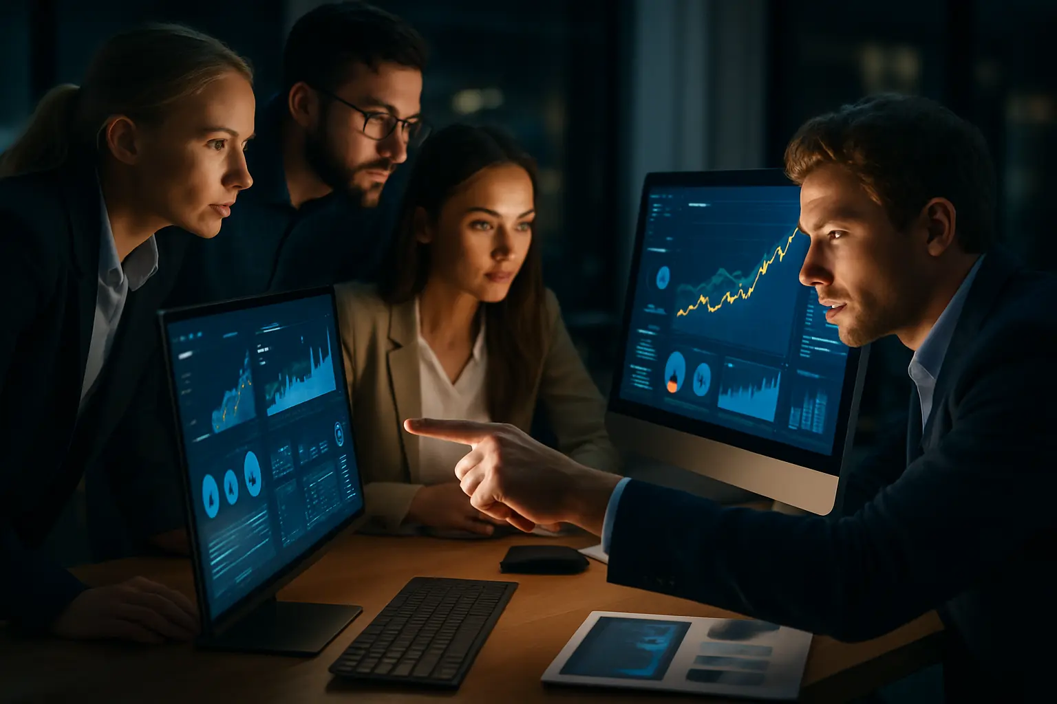 A team of white European professionals working at a desk.