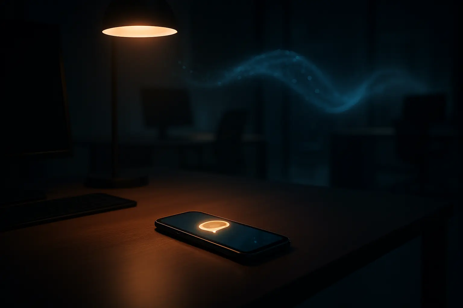 A quiet office with a smartphone on a desk showing a notification.