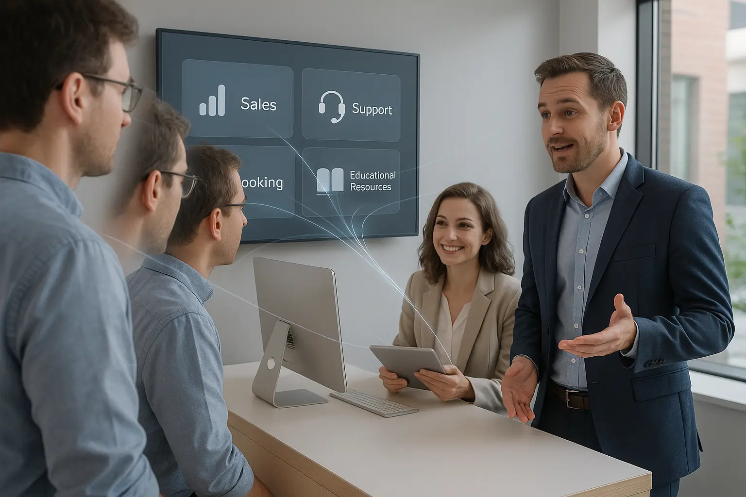 Modern office reception, interaction with AI.