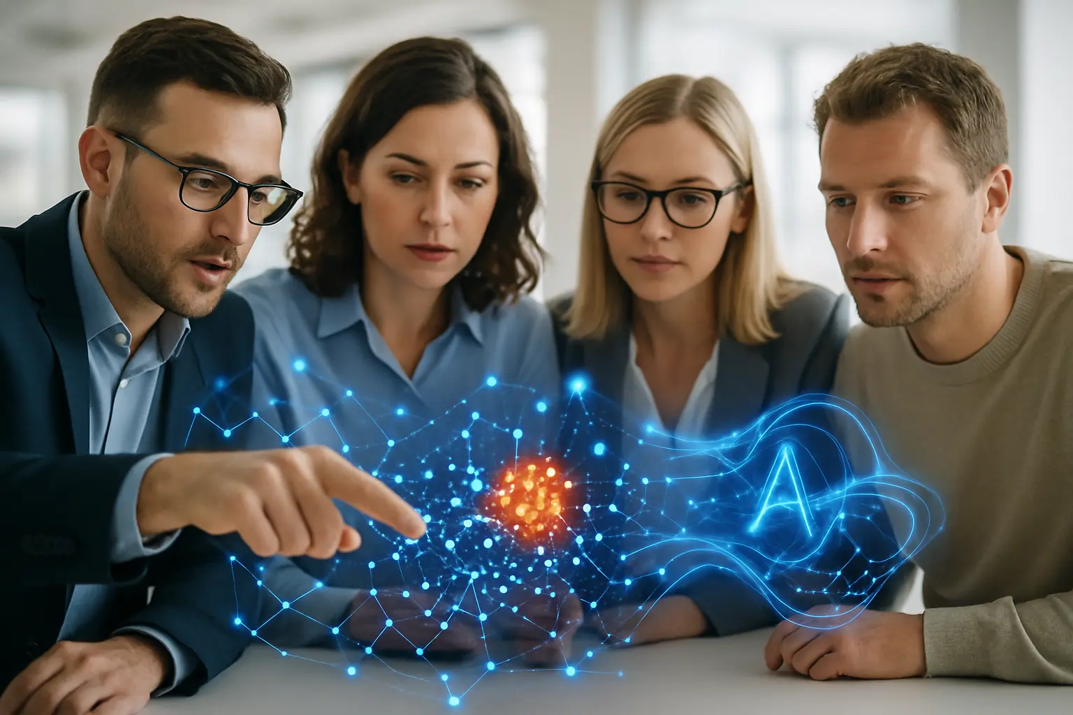 Marketing team at a holographic AI data display.