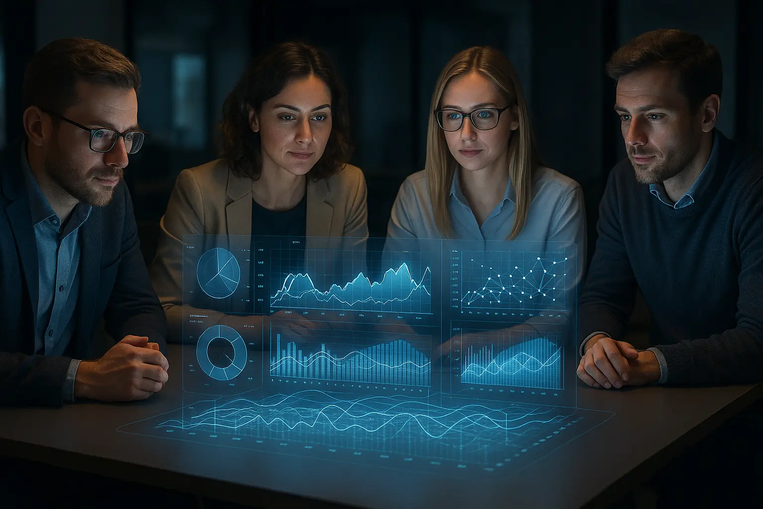 Marketing team analyzing data on a hologram.