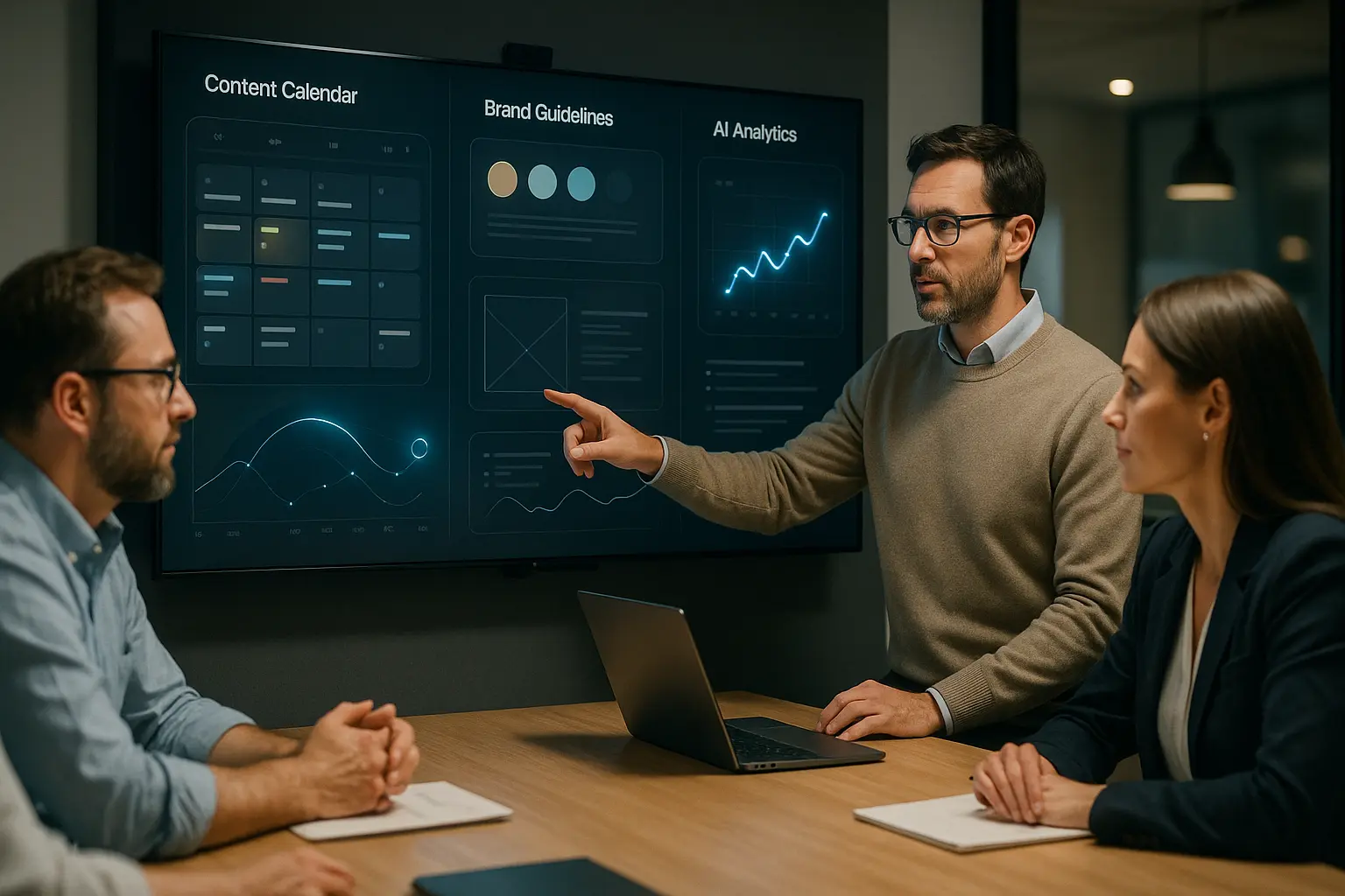 A team of professionals in a modern conference room discussing data displayed on a large digital screen.