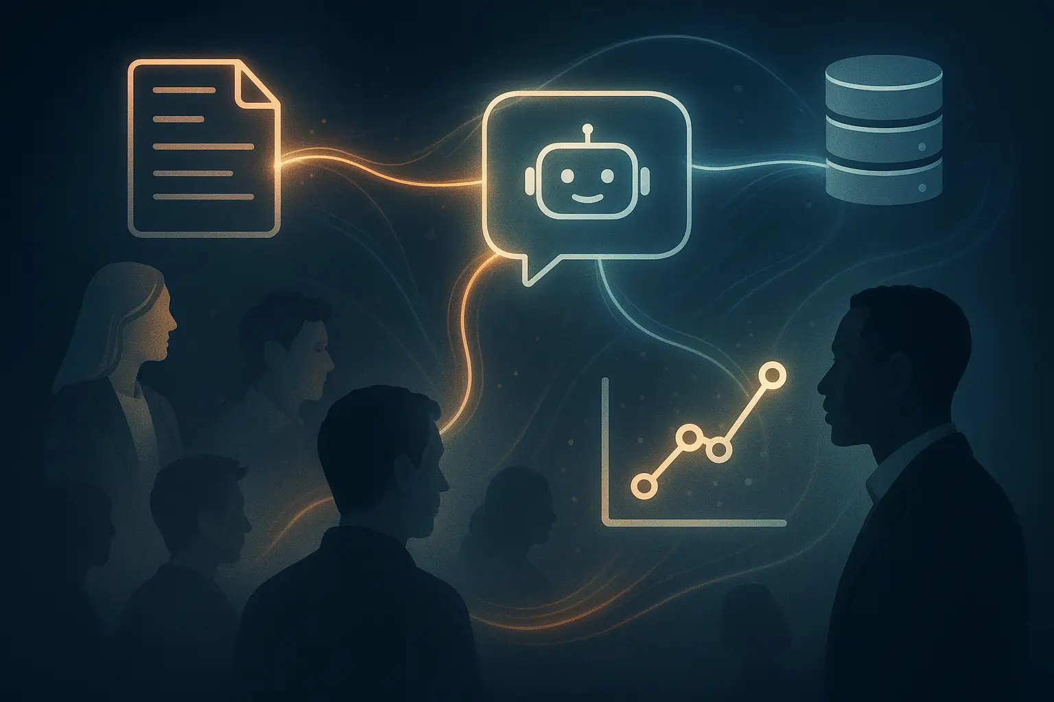Abstract connection of AI and business processes with subtle human figures.