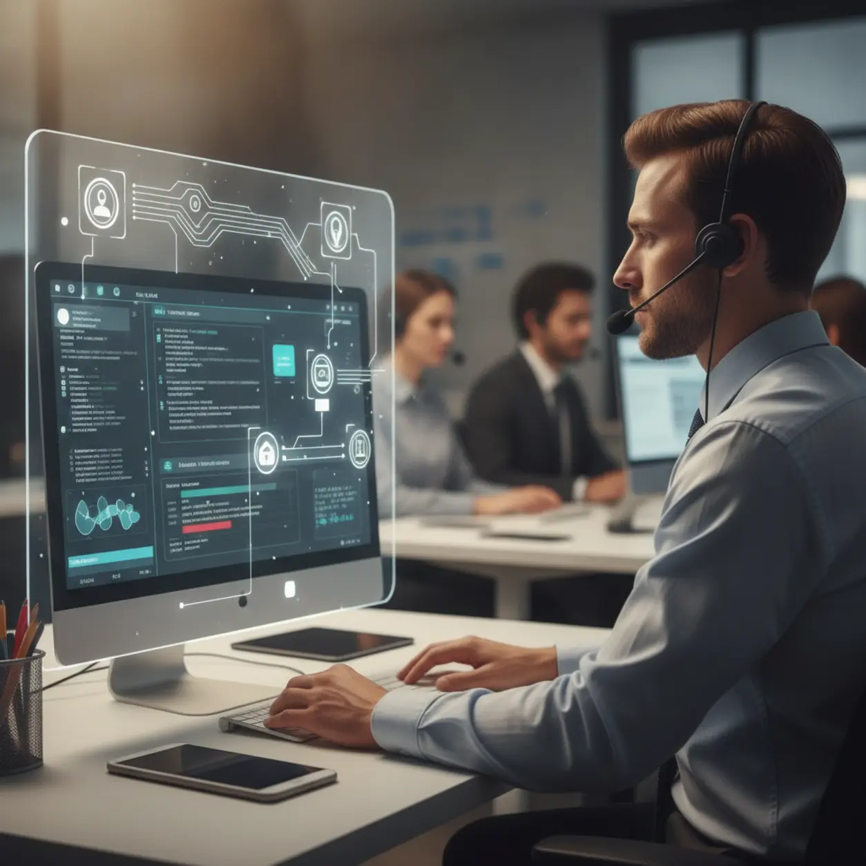 Customer service agent with AI in focus.