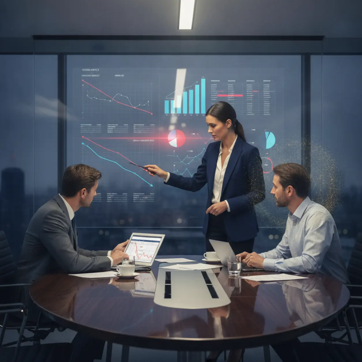 A business meeting with team members discussing financial data and innovative strategies shown on an infographic.