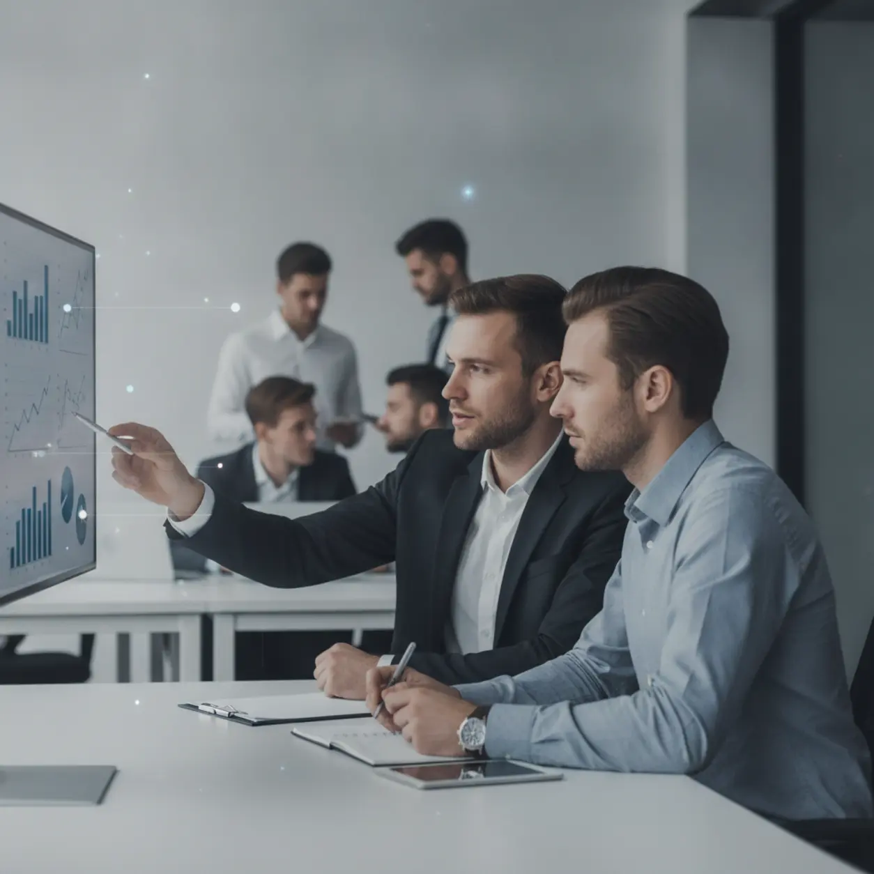 A professional sales team meeting in a modern conference room.