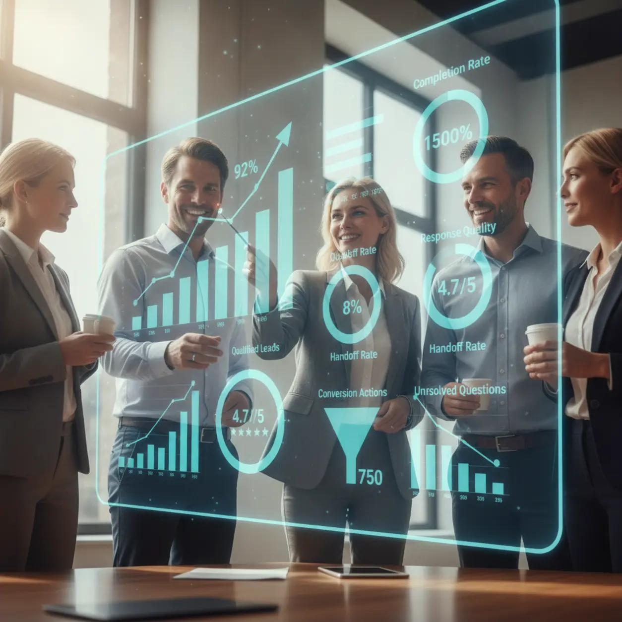 Business professionals analyzing chatbot KPIs on an interactive screen.
