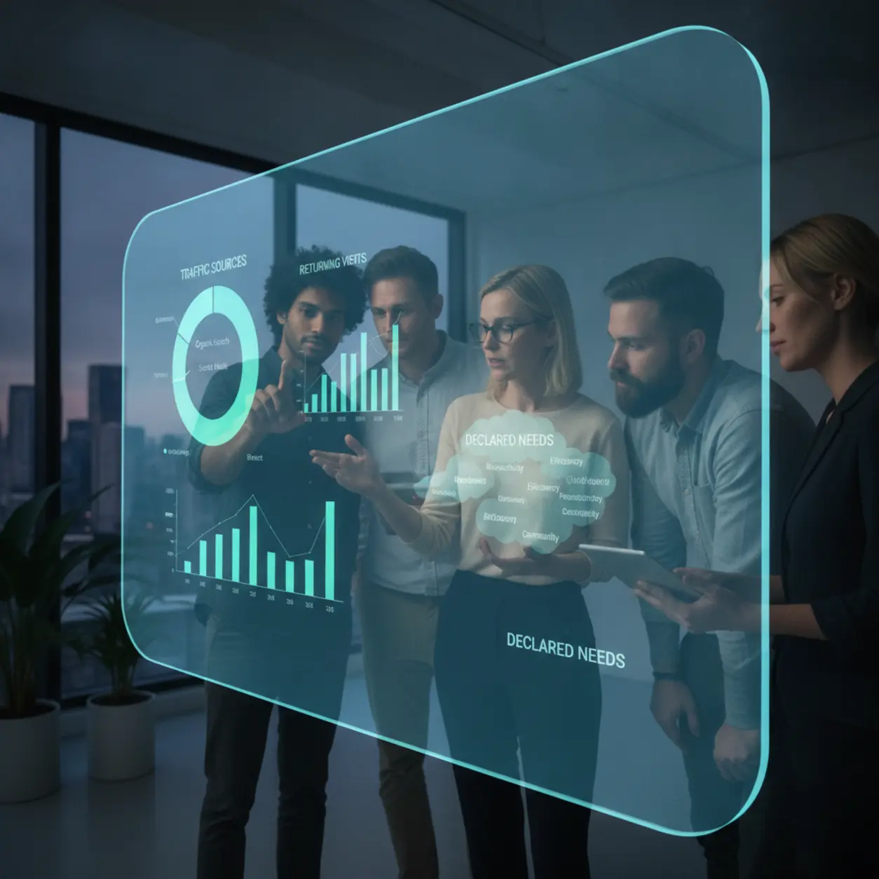 A team analyzes data on an interactive screen, collaborating on strategy.