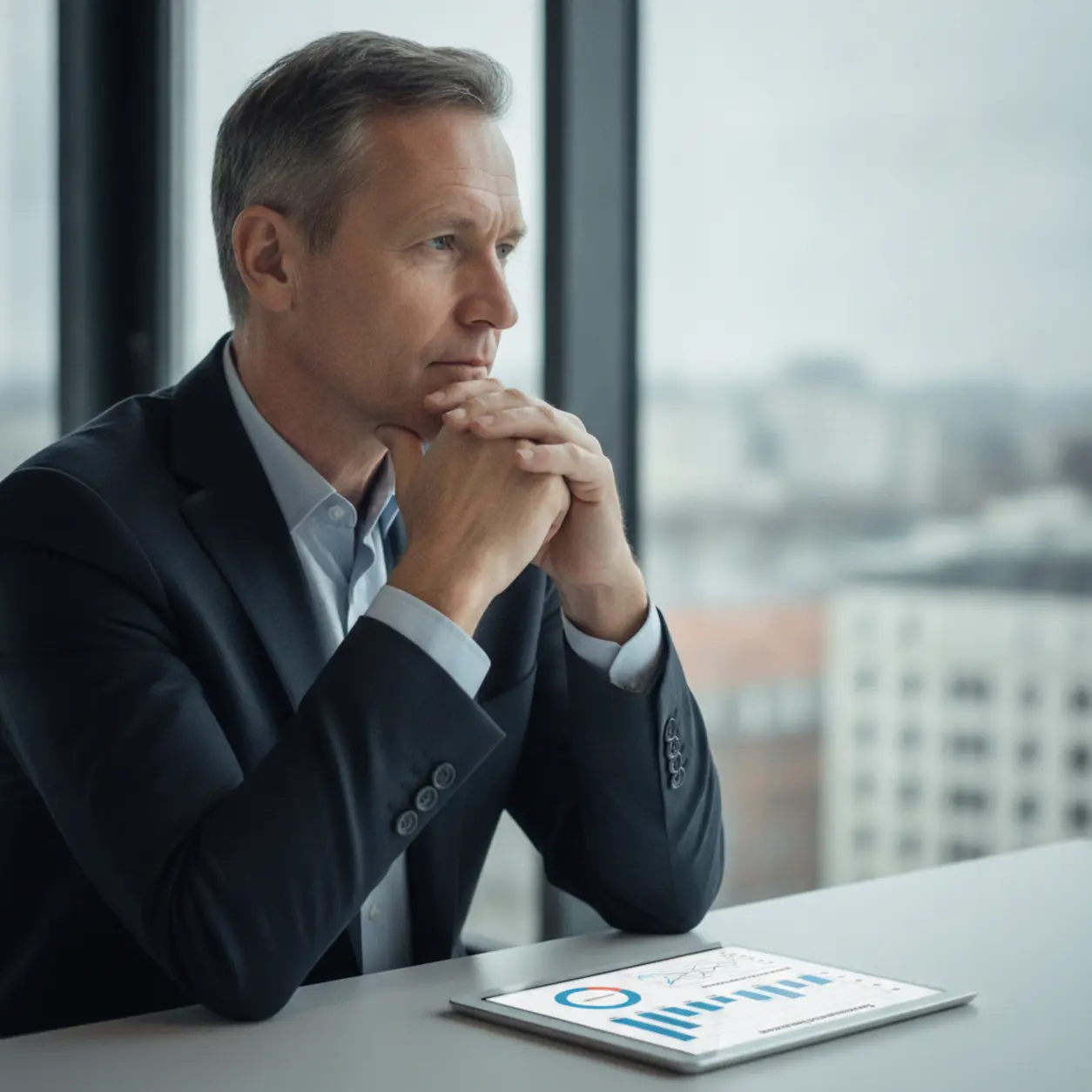 A thoughtful businessman analyzes a chart on a tablet.