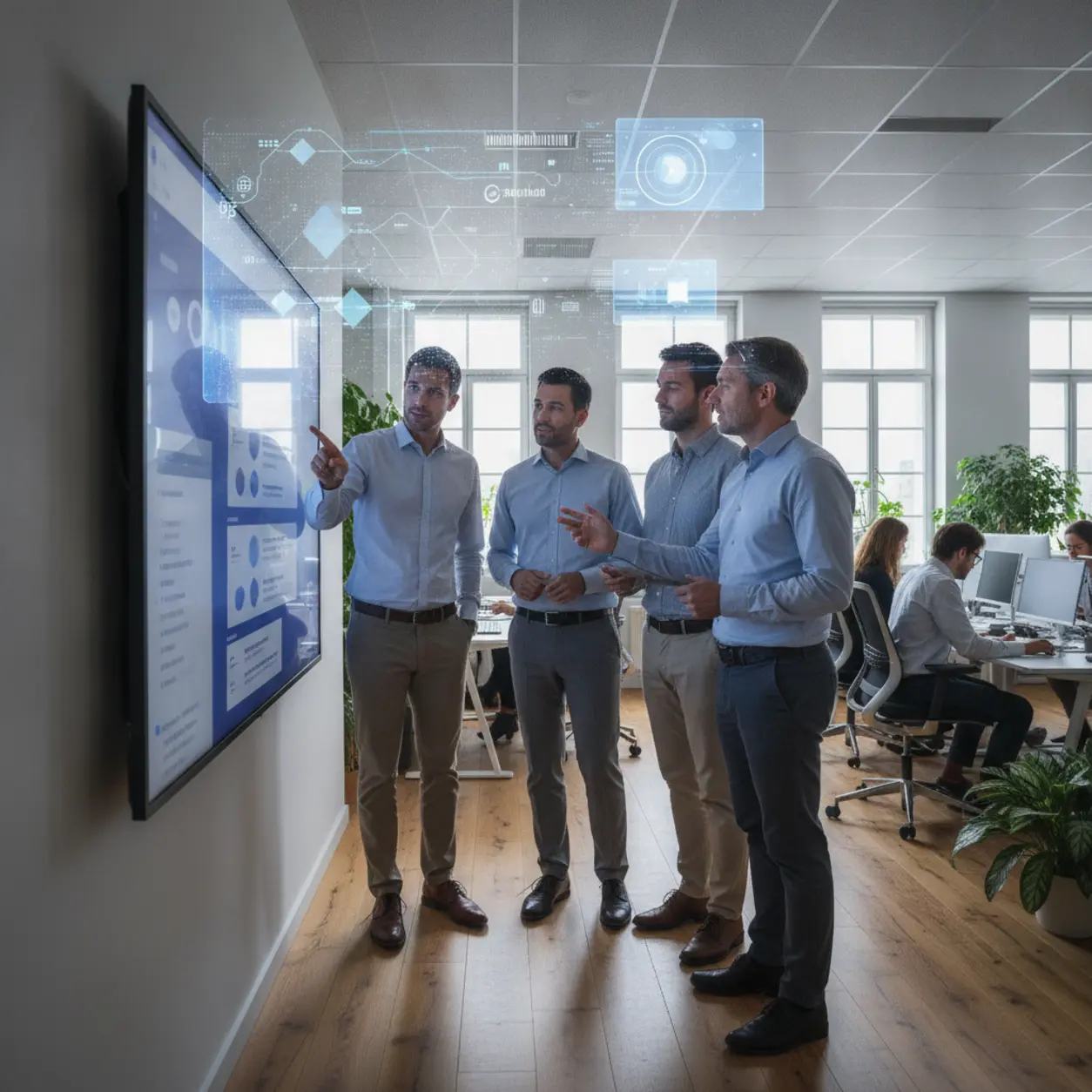 A marketing team collaborating around a desk with an AI-driven interface on a screen.