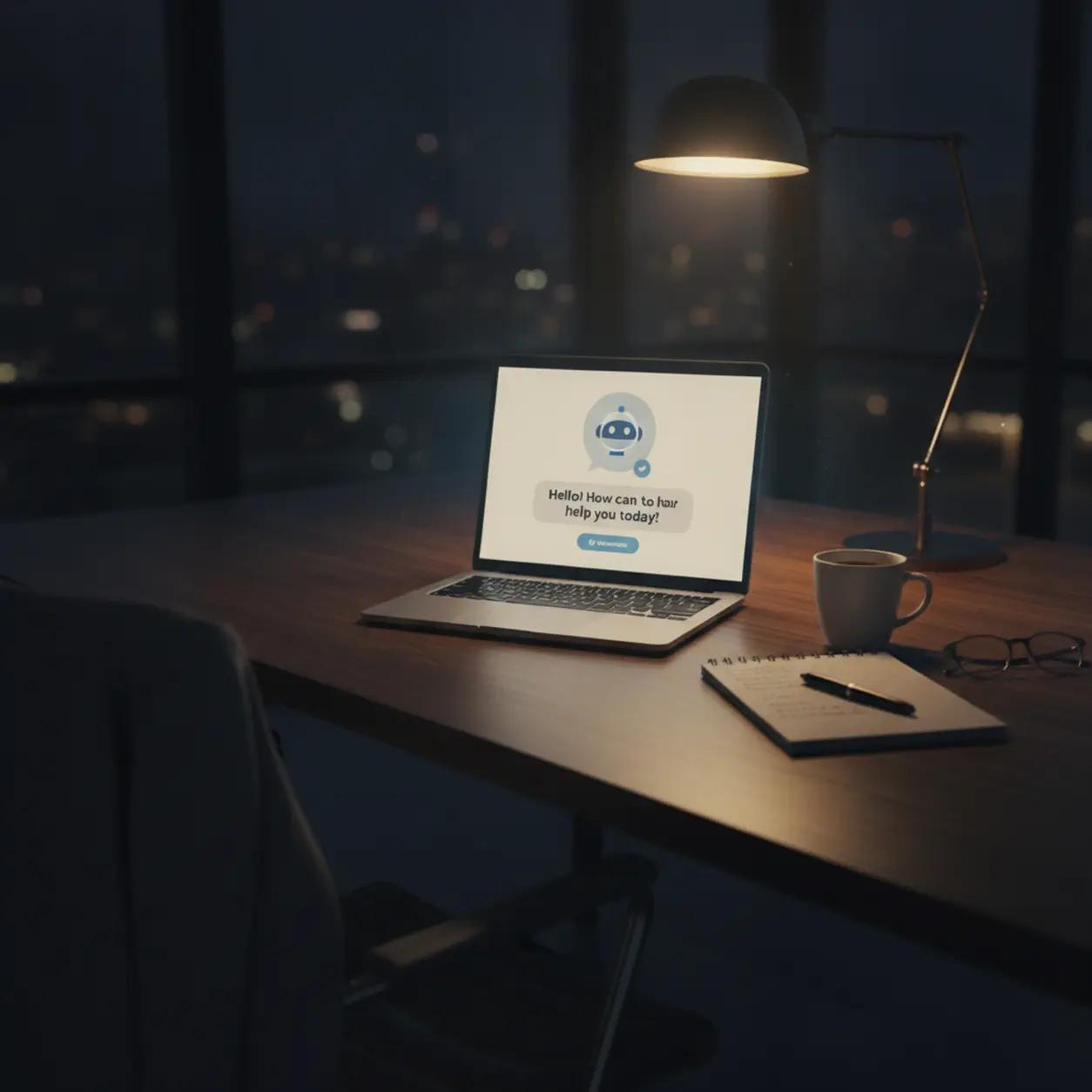 A modern office at night, with a laptop open displaying a chatbot conversation.