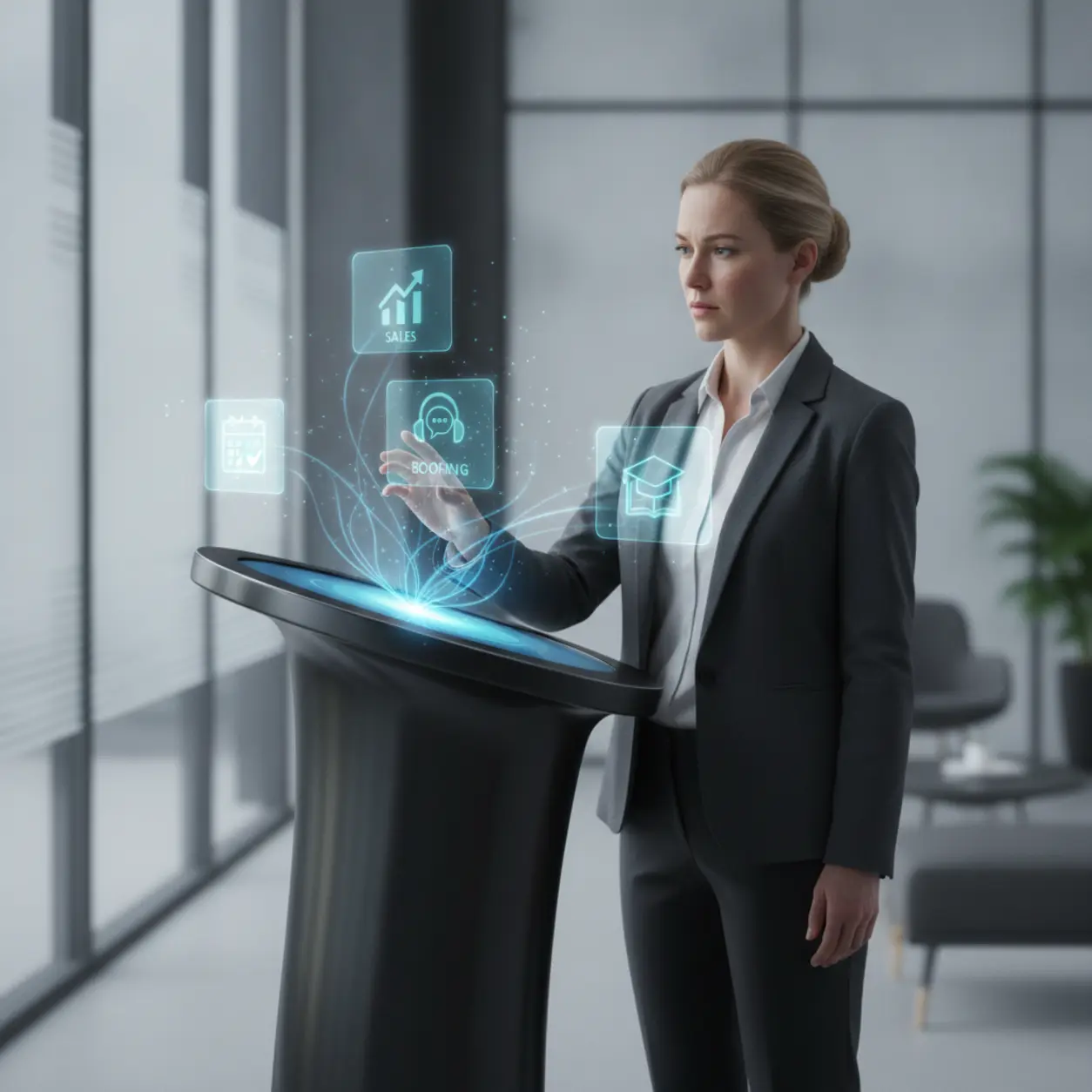 Woman using an interactive kiosk with holograms.
