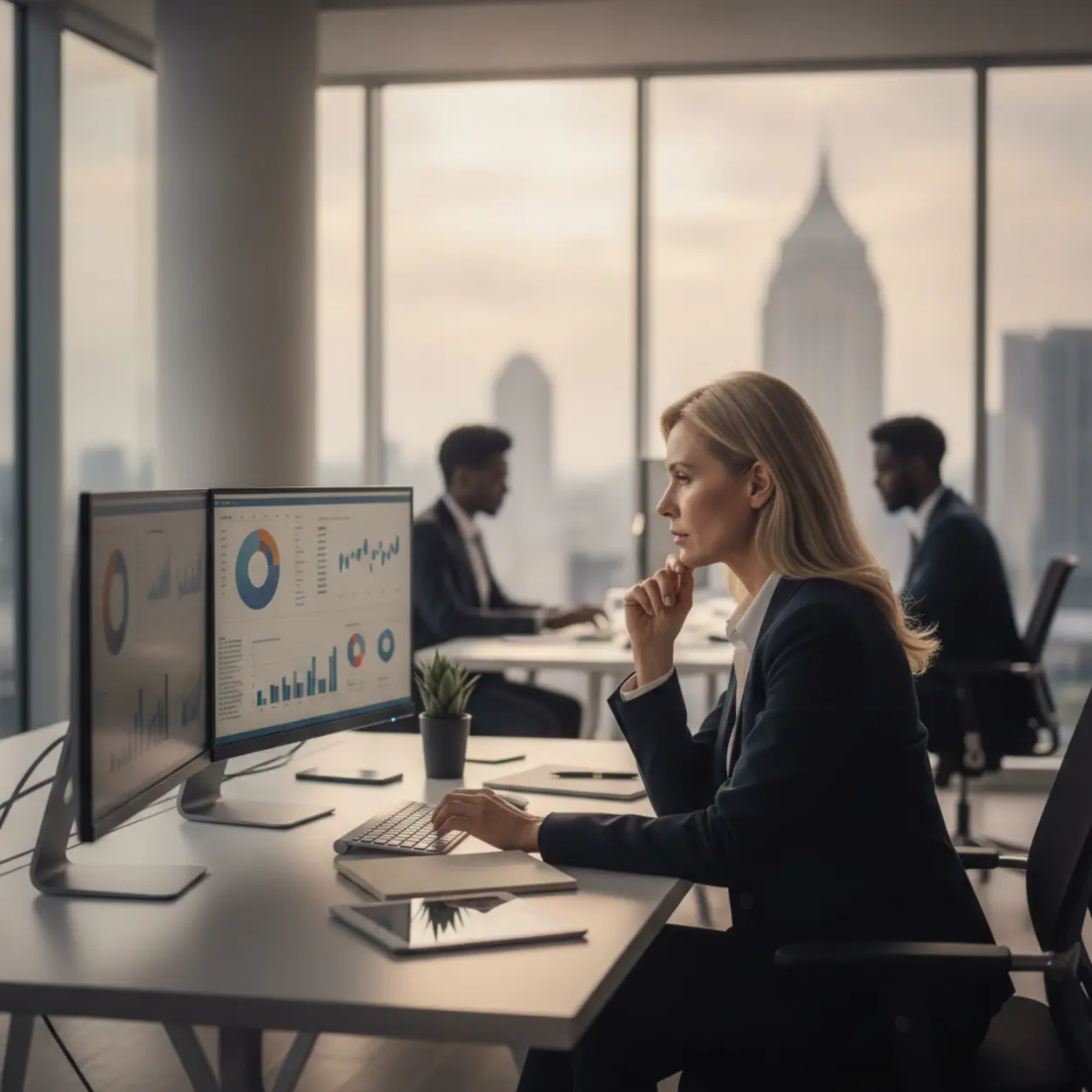 Businesswoman analyzing data at a modern desk.