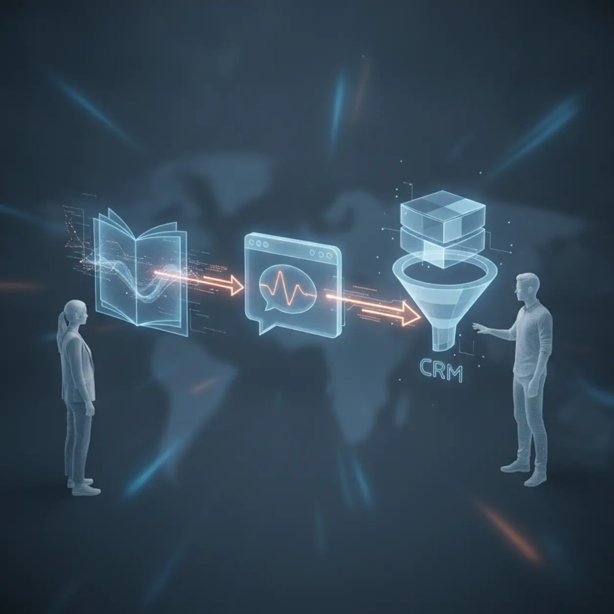 Digital data flow, book, chat, funnel, CRM.
