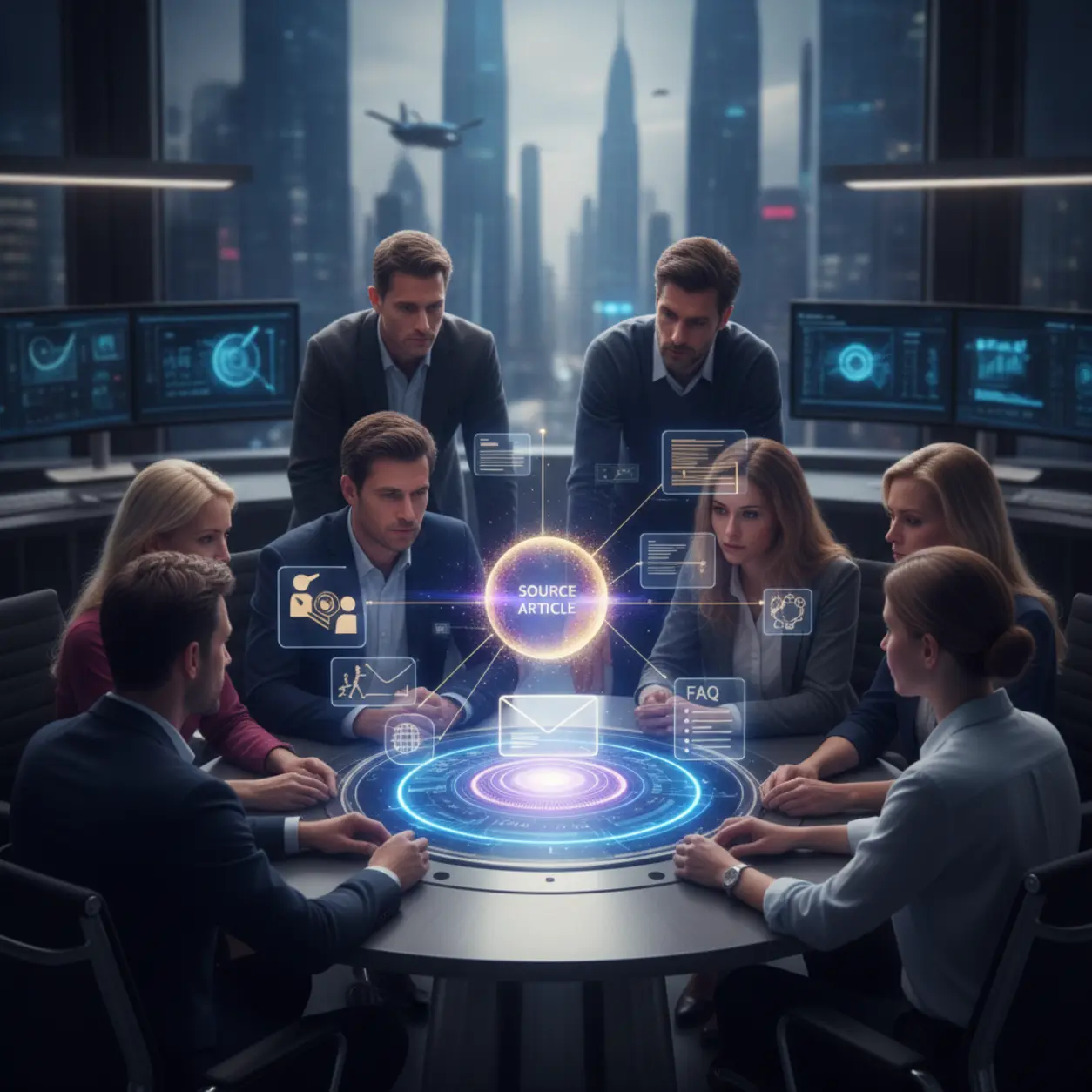 Professionals collaborating over a hologram of a marketing strategy.