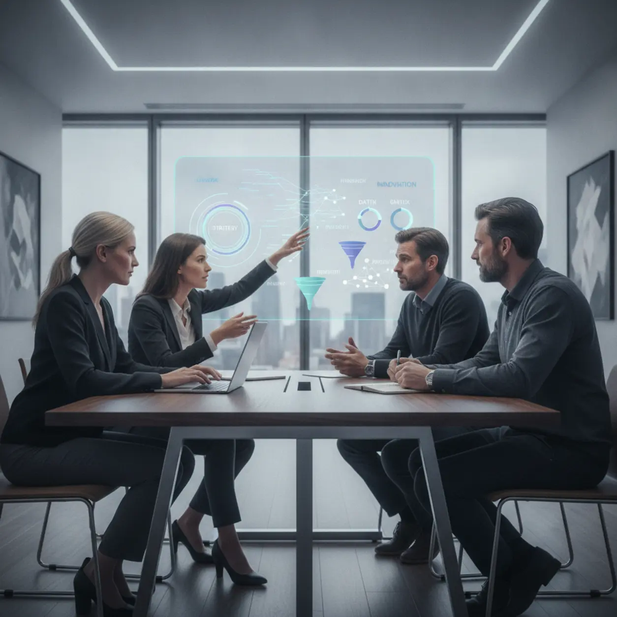 Brainstorming in a modern office with AI elements.