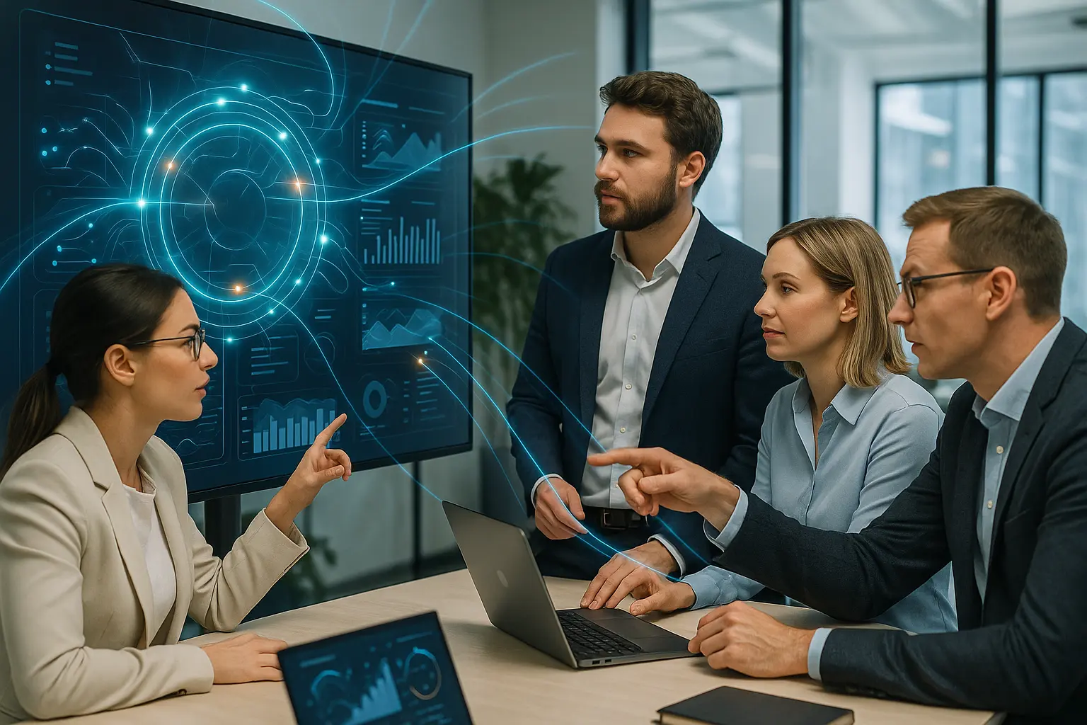 Professionals collaborating on data in a modern office.