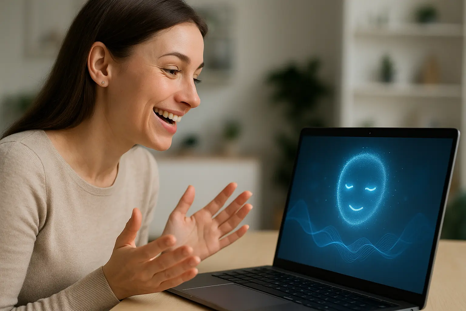 Kobieta rozmawia z interfejsem AI na laptopie.