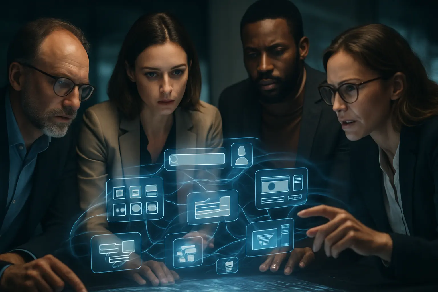Professionals collaborating on a hologram of digital platforms.