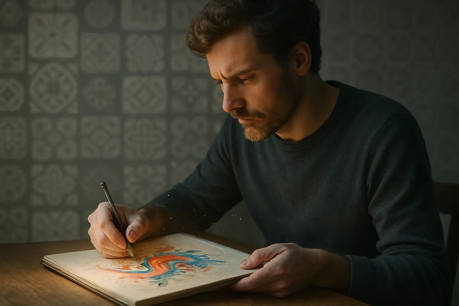 An artist sketching, standing out among AI-generated patterns.