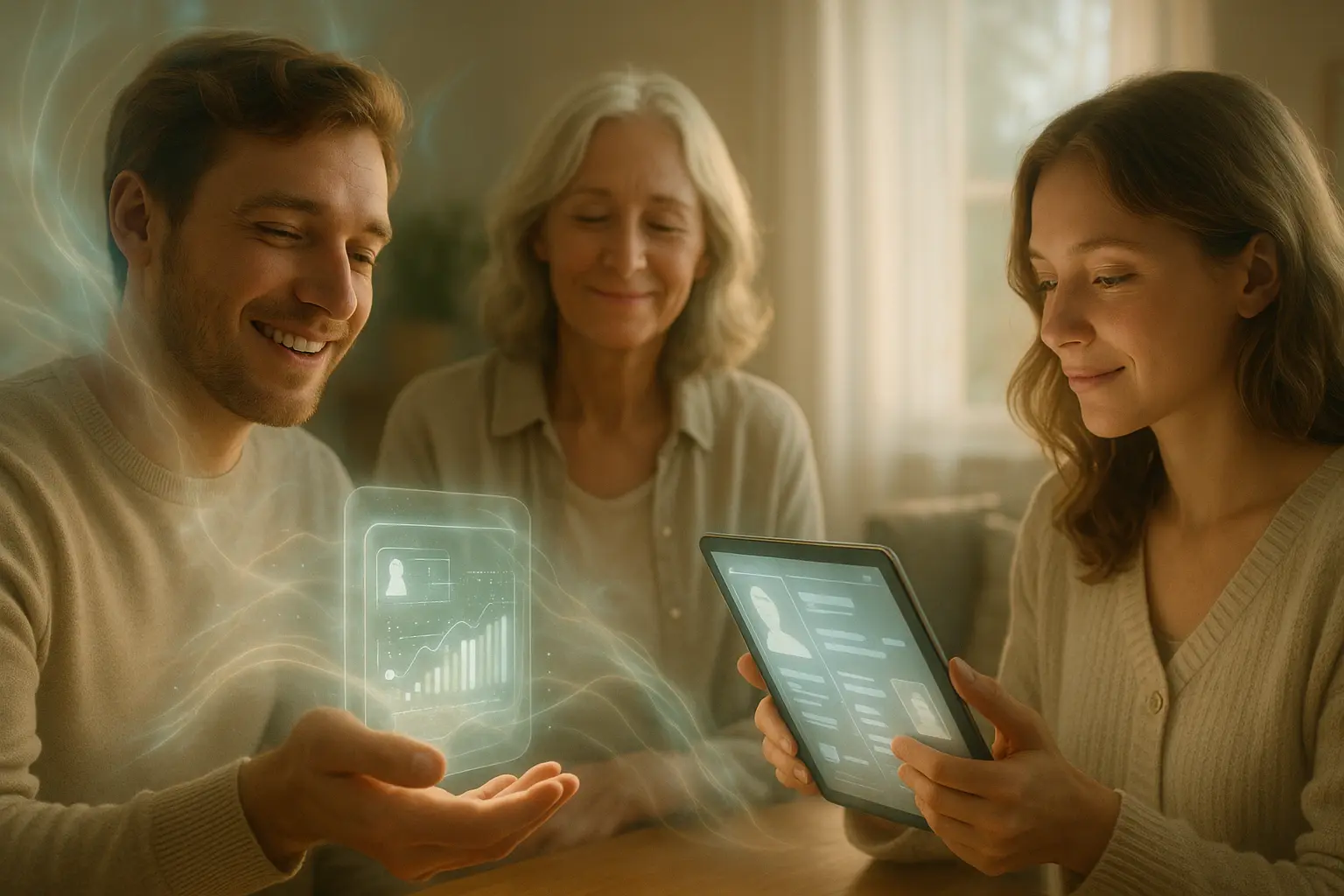 People voluntarily sharing their data with a friendly brand interface on a screen.