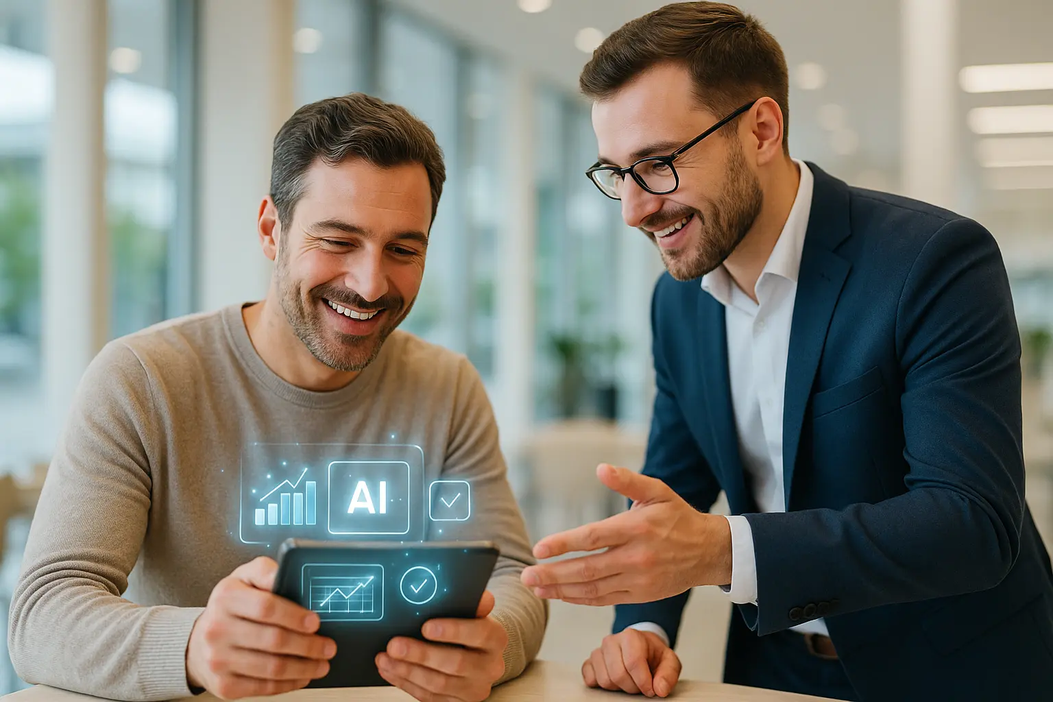A client and a sales associate discussing AI on a tablet.