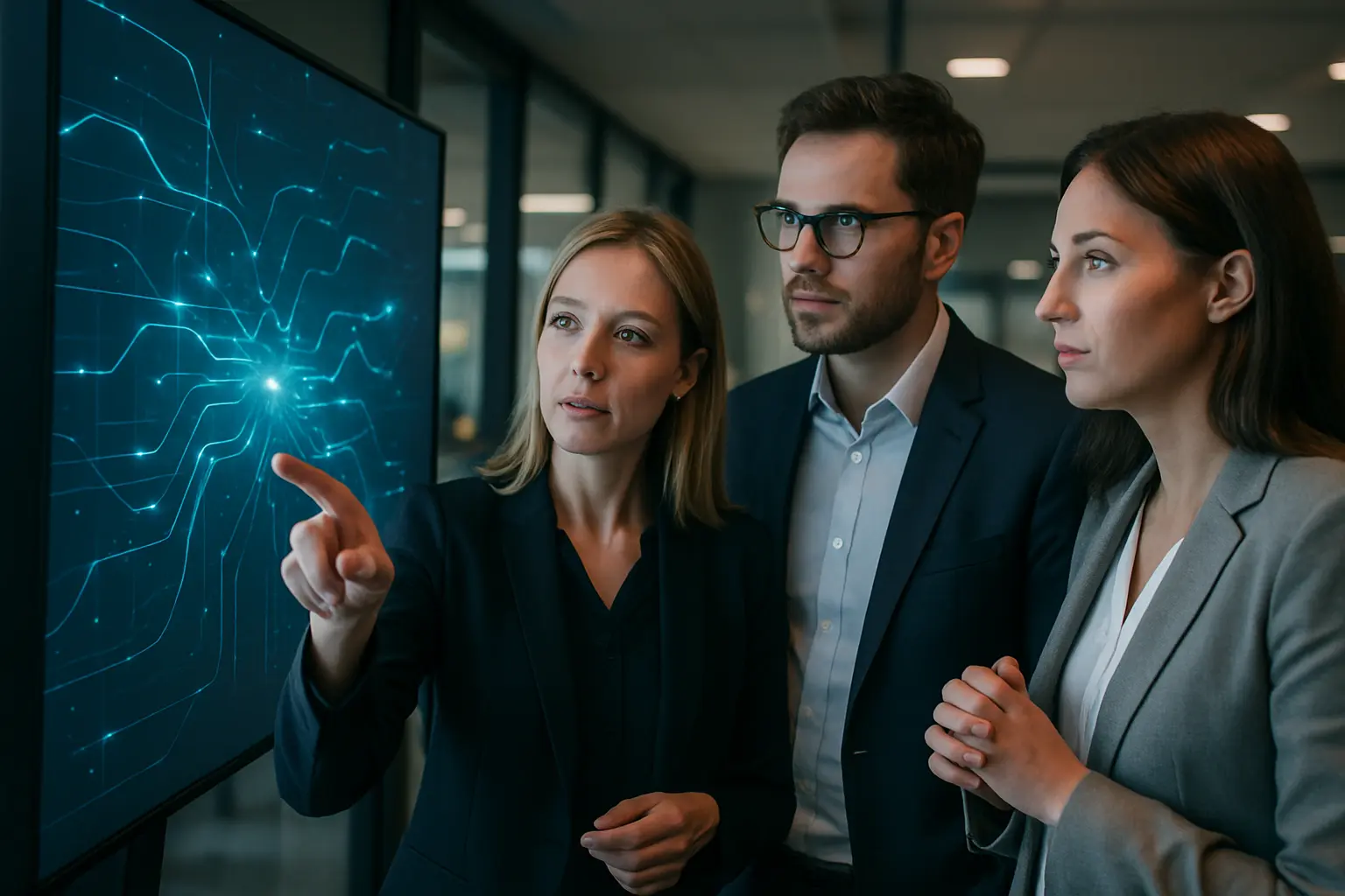 Professionals discuss AI data on interactive screen.
