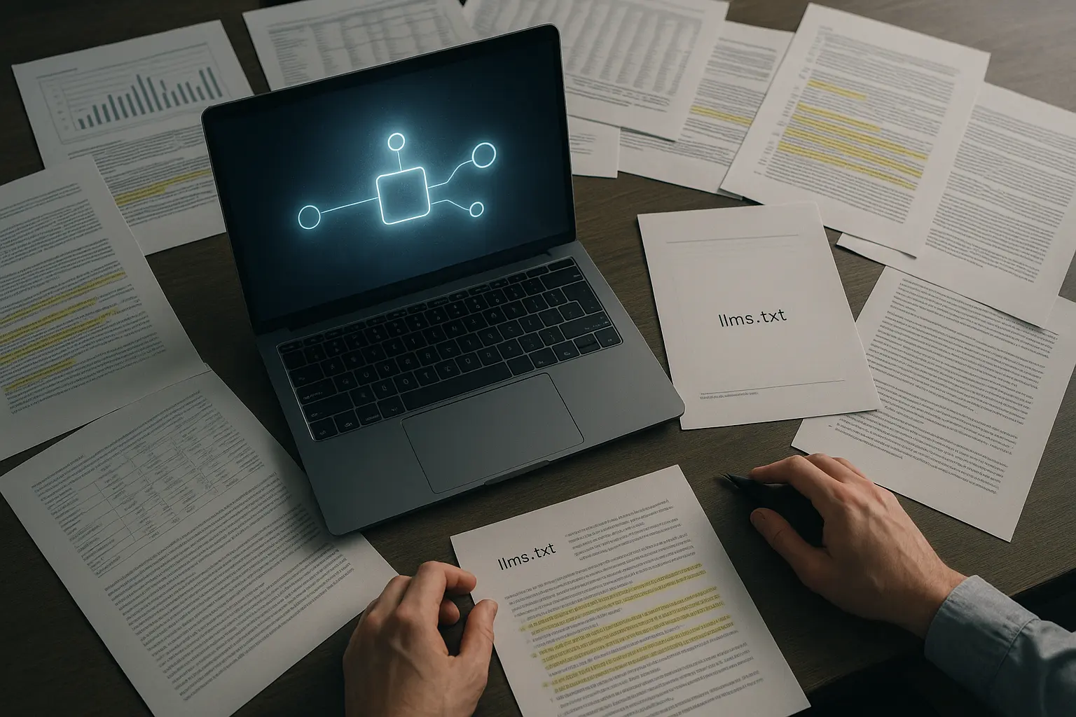 Desk with documents, laptop with data, hand reaching for a pen.