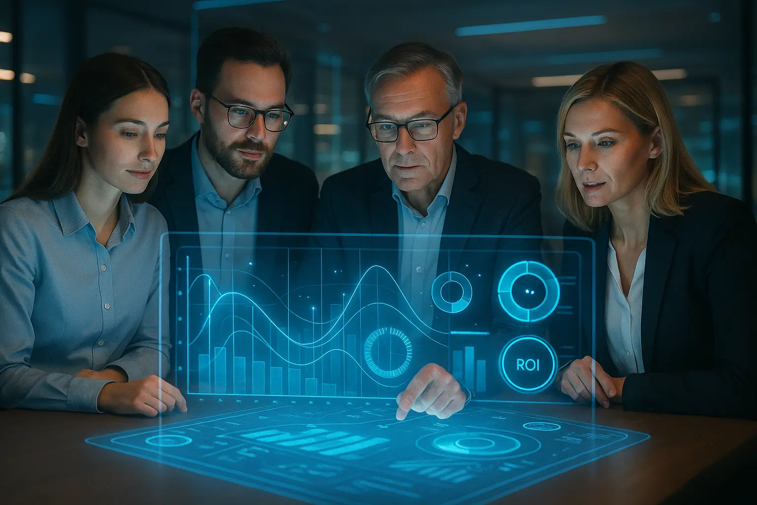 A marketing team gathered around a holographic display showing complex data visualizations.