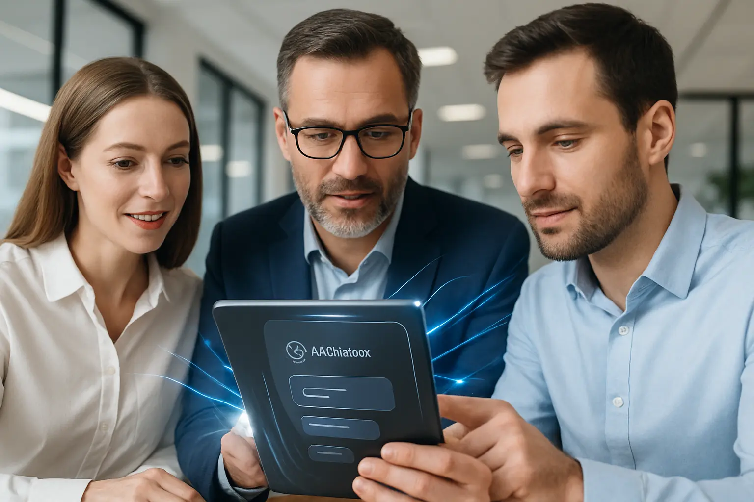 Employees discussing at a tablet with an AI interface.