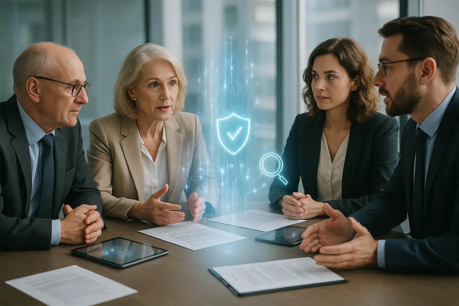 Businesspeople discussing around a table with holographic technology.