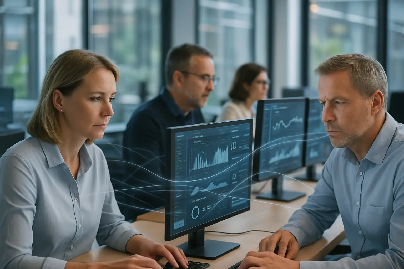 A modern office with data analysts working on computers.