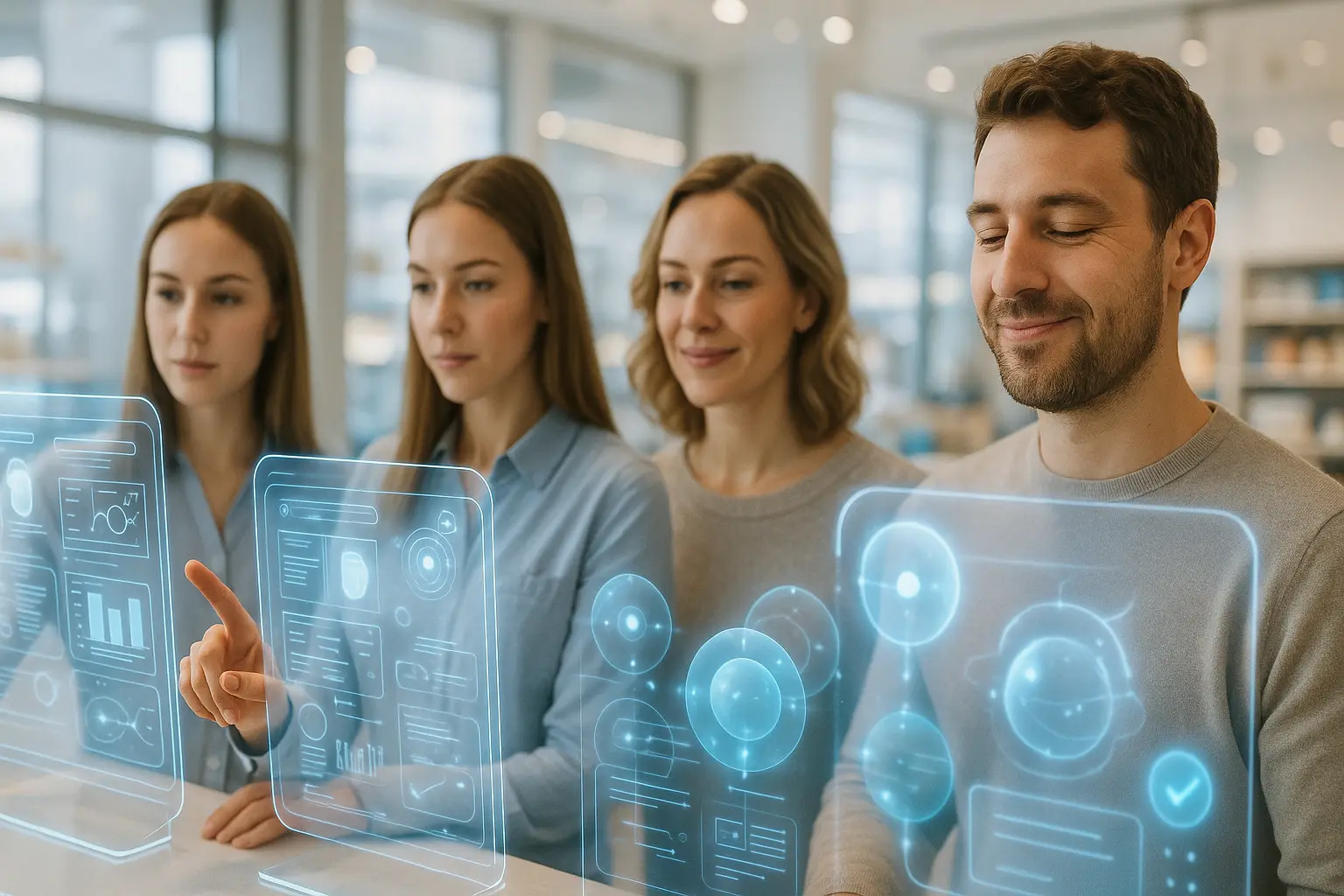 People using holographic AI interfaces in a store.