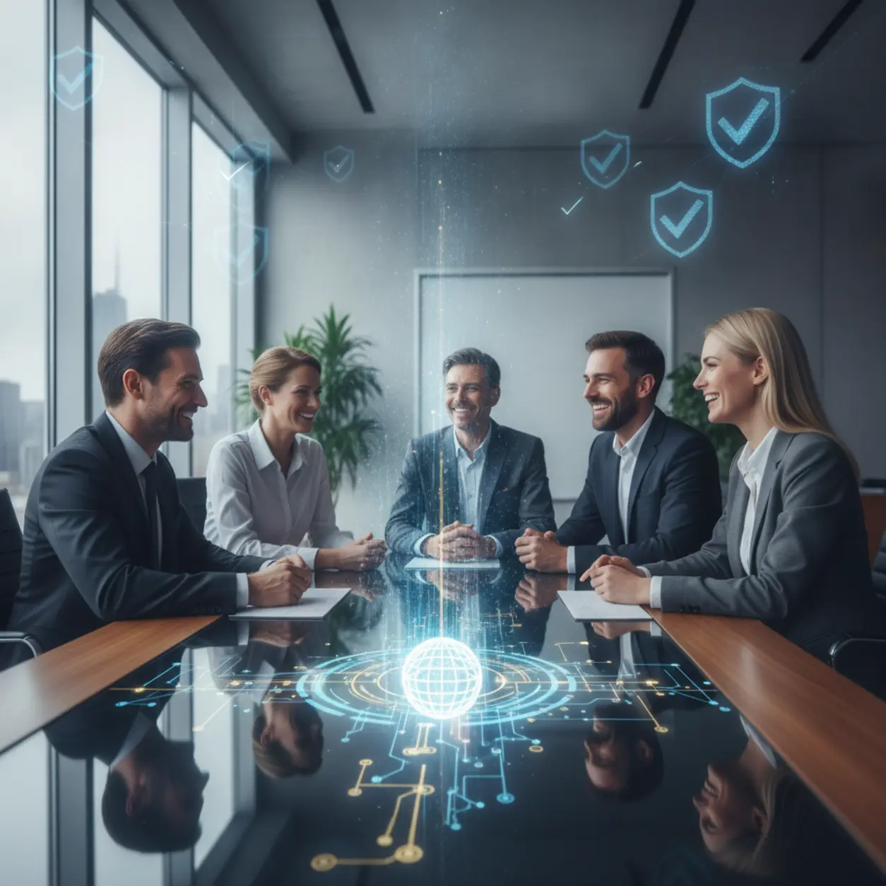 Professionals discussing at a modern conference table.