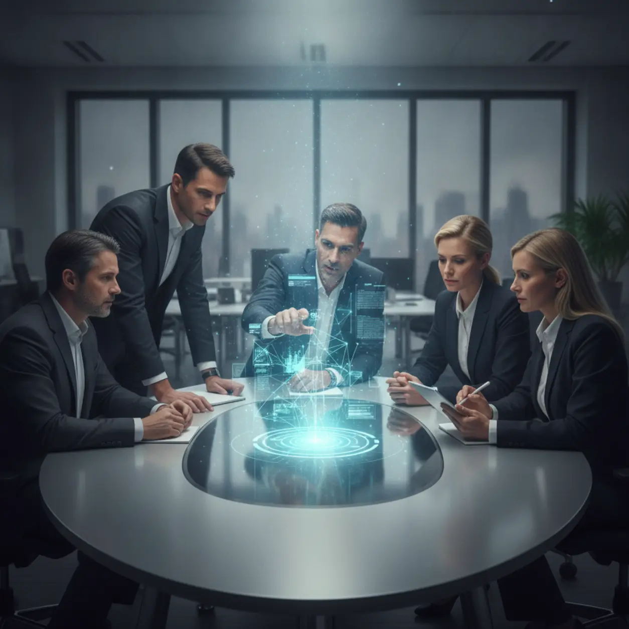 Profesjonaliści analizują holoprojekcję danych Google AI.